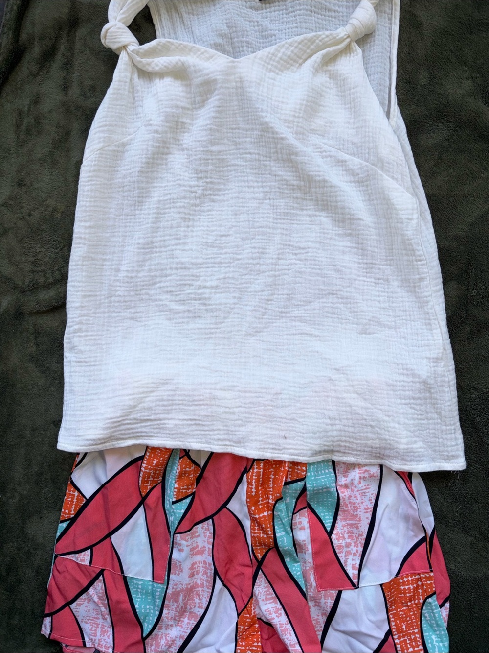 SHEIN White Tank Top with Coral & Teal Patterned Shorts